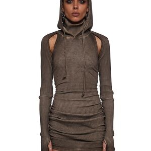 DARKER WAVS ATMOSPHERE RIBBED COLD SHOULDER HOODED DRESS